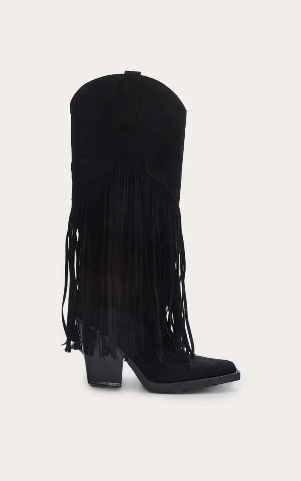 Black Faux Suede Point Toe Fringed Heel Knee High Western Boots