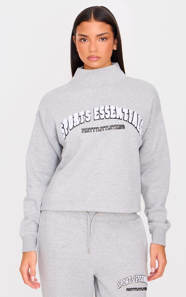 PRETTYLITTLETHING Grey Marl Borg Sports Essentials High Neck Sweatshirt