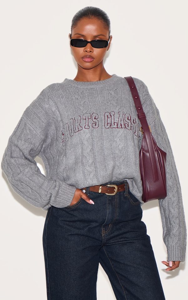Grey Soft Cable Knit Embroidered Sweater