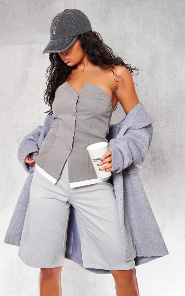 Grey Woven Bandeau Button Up Vest