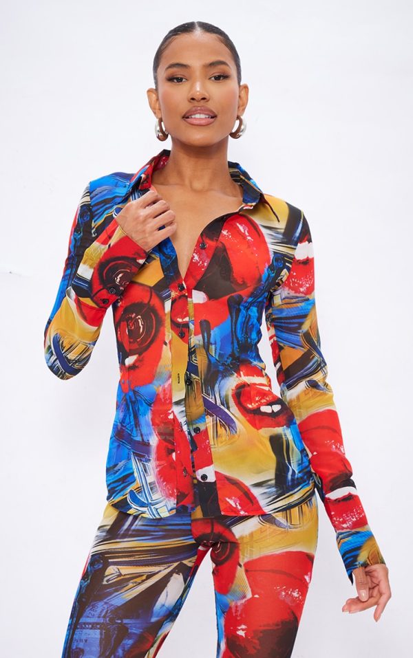 Red Collage Printed Chiffon Shirt