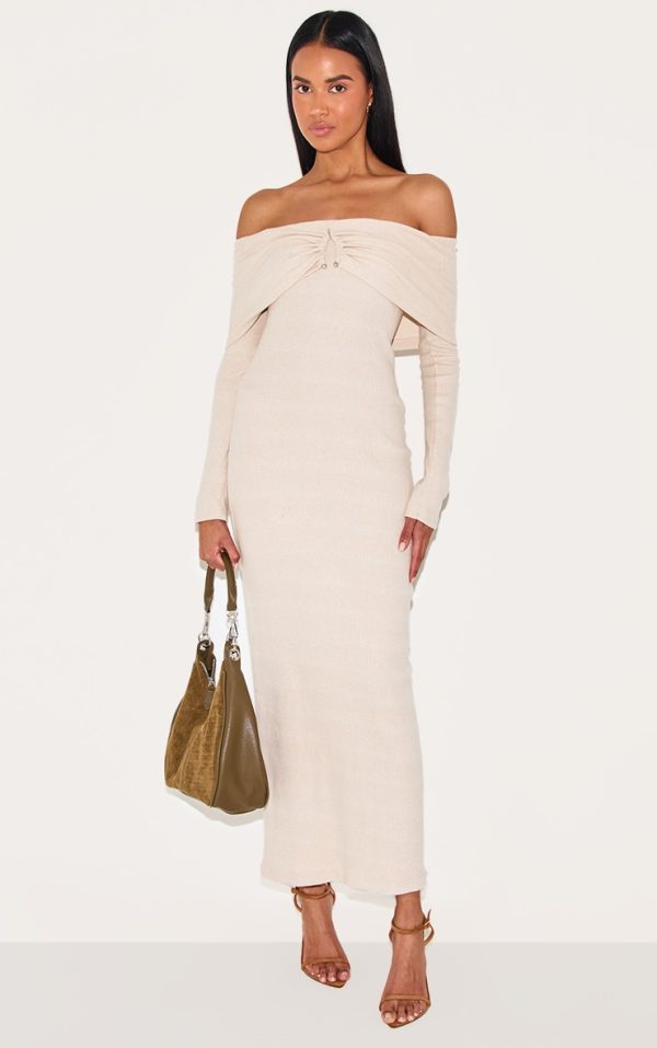 Stone Heavy Brushed Rib Bardot Trim Maxi Dress