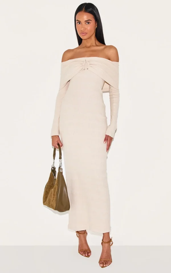 Stone Heavy Brushed Rib Bardot Trim Maxi Dress