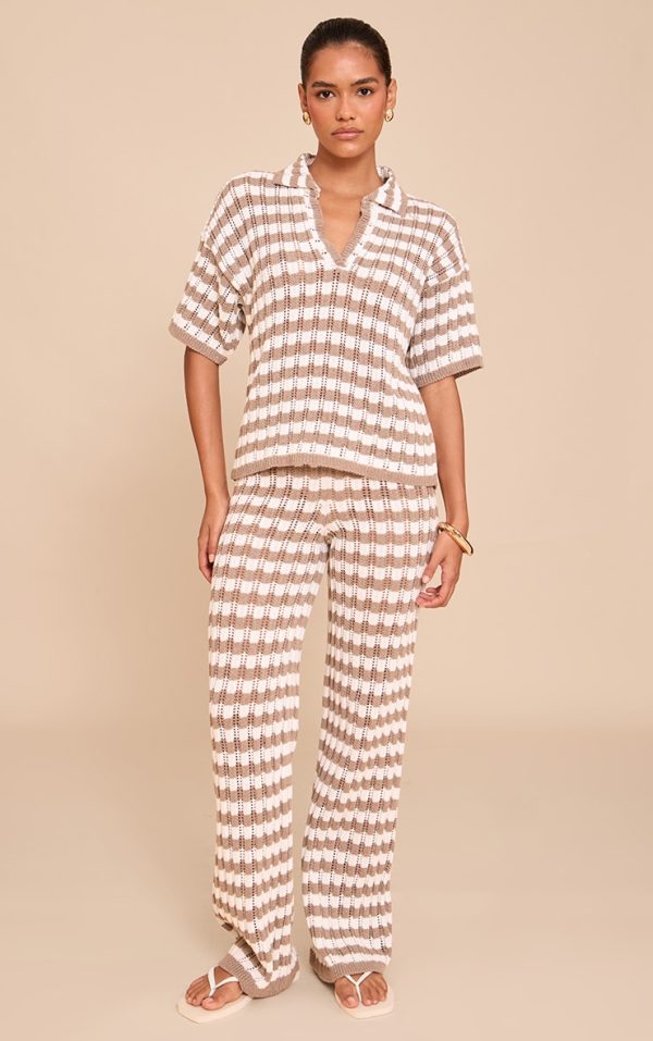 Mocha Crochet Stripe Knit Pant