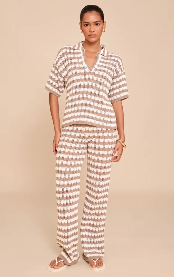 Mocha Crochet Stripe Knit Pant