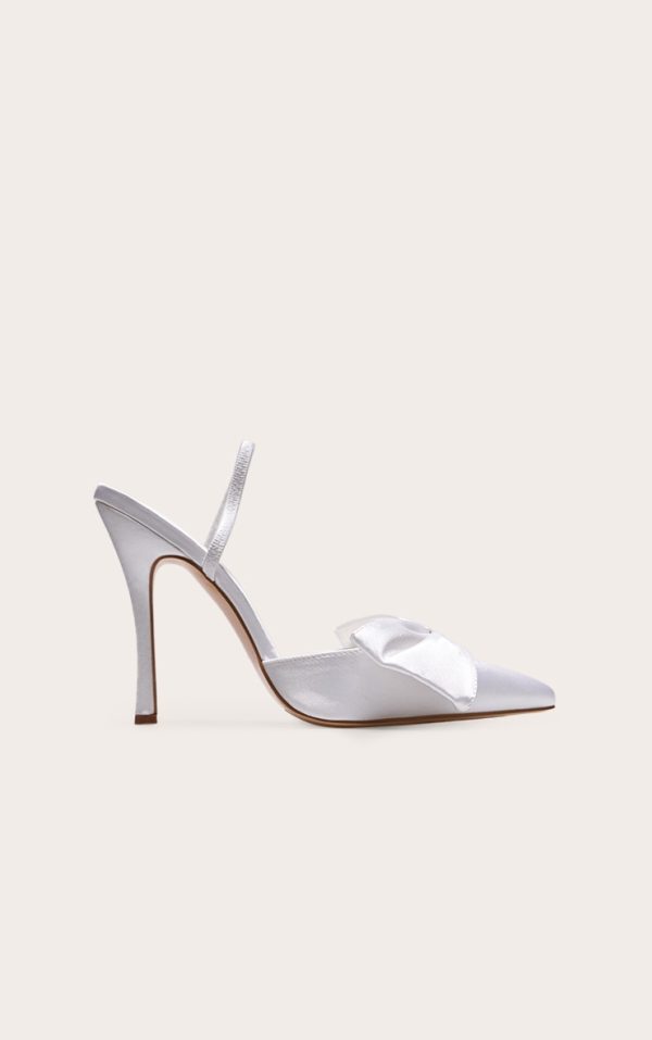 White Satin Point Toe Bow Detail Sling Back Heeled Courts