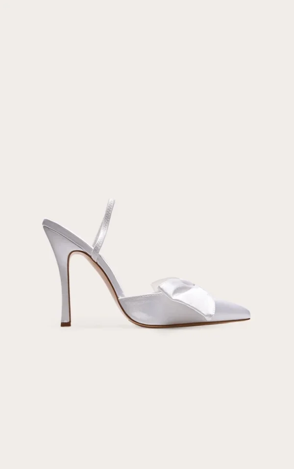 White Satin Point Toe Bow Detail Sling Back Heeled Courts