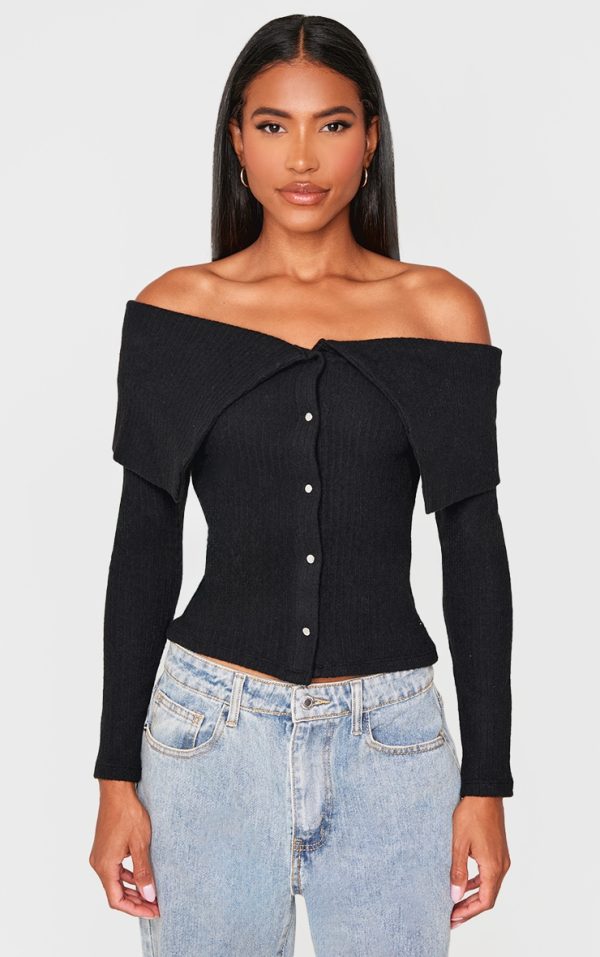 Black Brushed Rib Fold Over Popper Detail Long Top