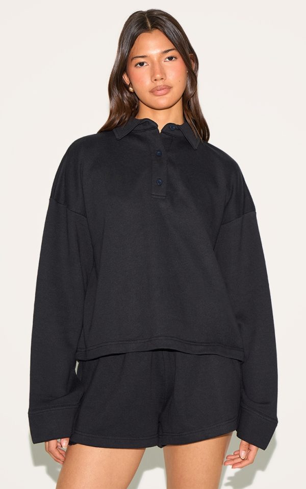 Black Loopback Oversized Polo Detail Sweatshirt
