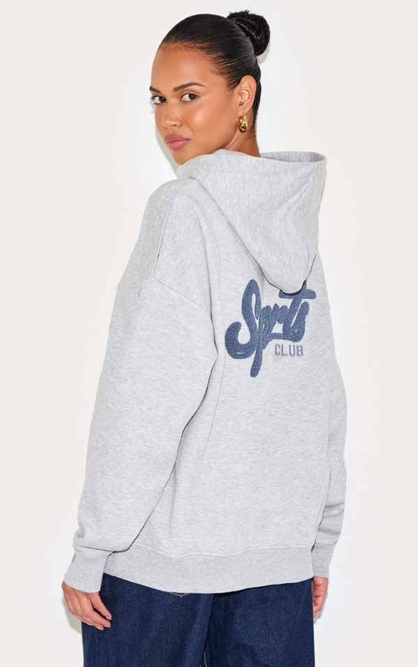 Ash Grey Oversized Sports Borg Applique Hoodie
