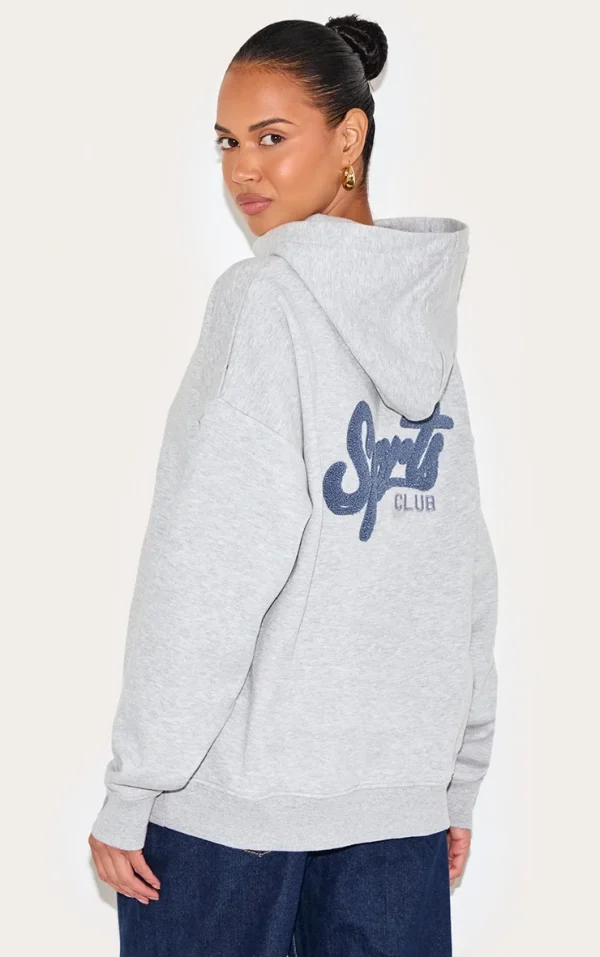 Ash Grey Oversized Sports Borg Applique Hoodie