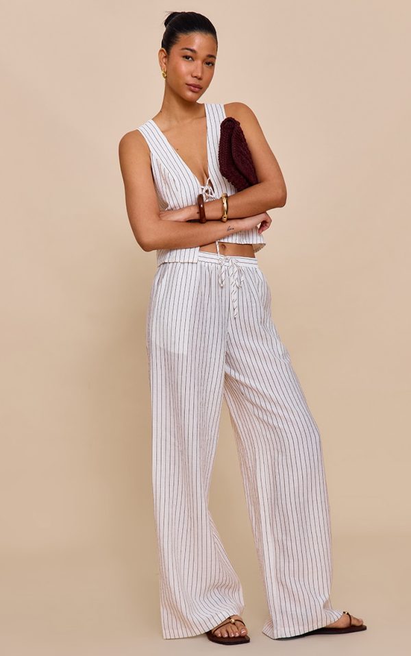 Cream Pinstriped Drawstring Wide Leg Pants