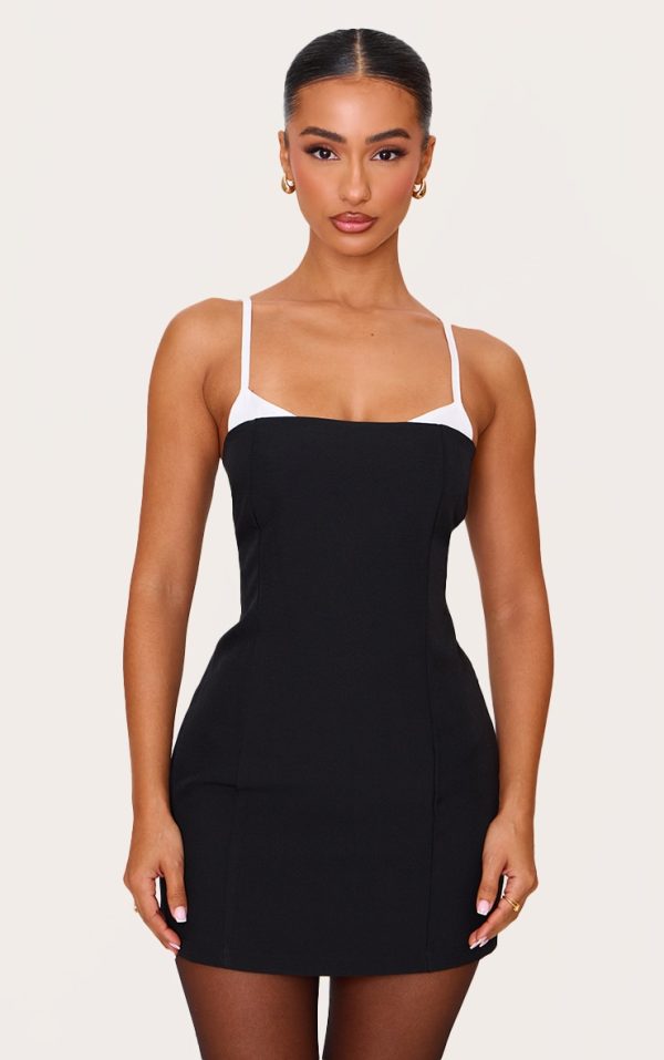 Petite Black Contrast Strappy Woven Mini Dress
