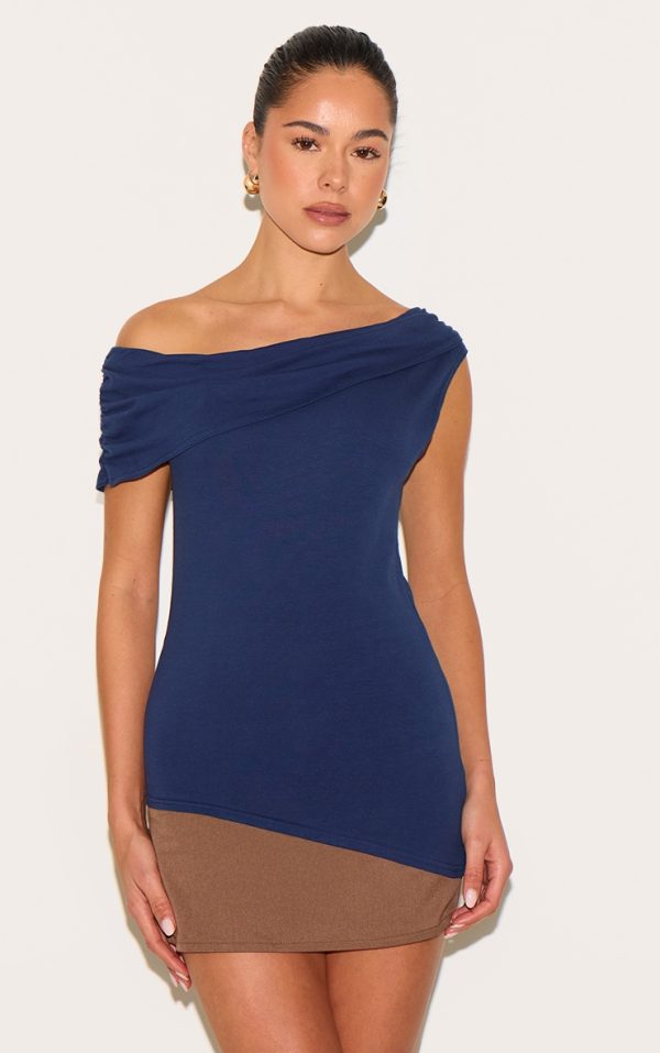 Navy Fold Over Cotton Asymmetric Hem Long Top