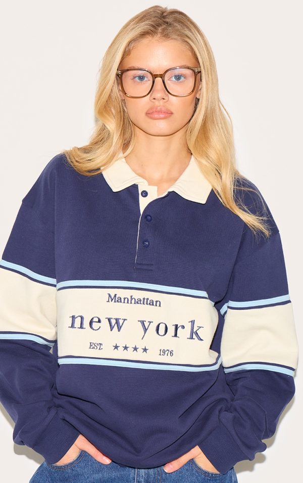 Navy Premium Contrast Collar New York Embroidered Sweatshirt