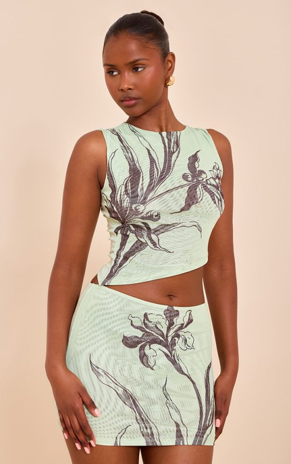 Mint Floral Printed Lined Mesh Mini Skirt