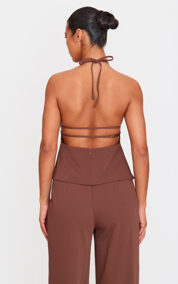 Chocolate Tailored Woven Open Back Long Line Top
