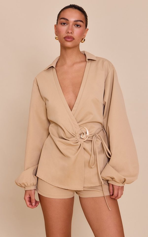Sand Woven Tie Front Gold Hardware Detail Shirt