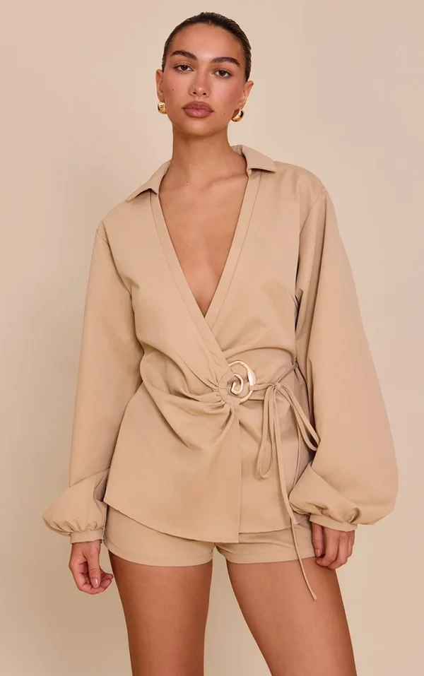 Sand Woven Tie Front Gold Hardware Detail Shirt