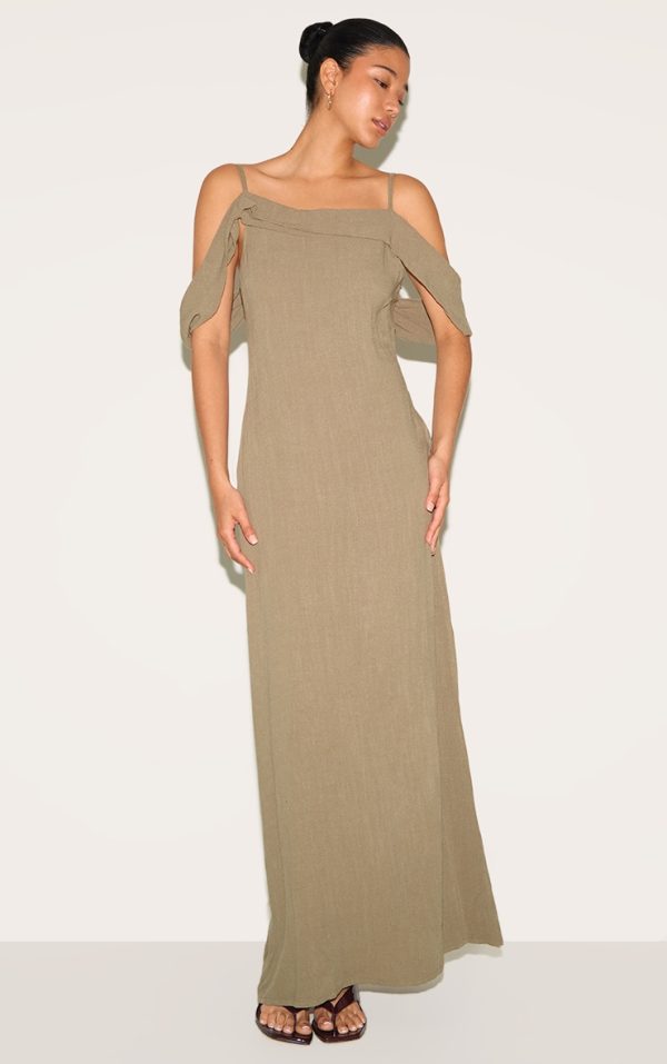 Khaki Textured Strappy Drape Detail Maxi Dress