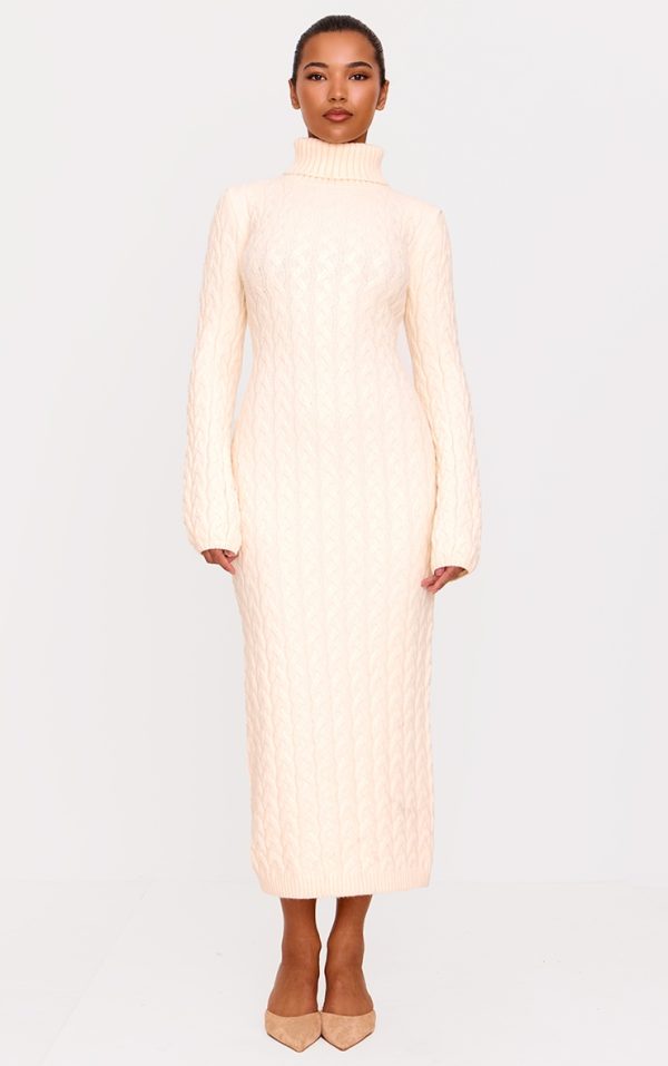 Oatmeal Chunky Cable Knit Roll Neck Maxi Sweater Dress