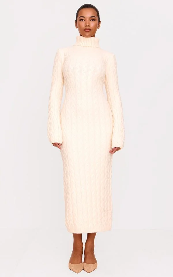 Oatmeal Chunky Cable Knit Roll Neck Maxi Sweater Dress