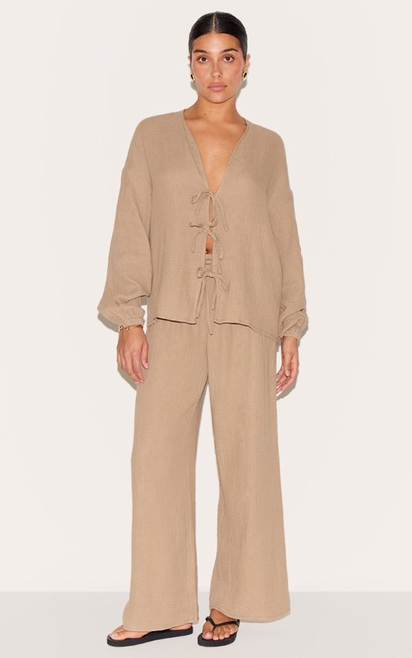 Petite Mushroom Cheesecloth Textured Wide Leg Pant