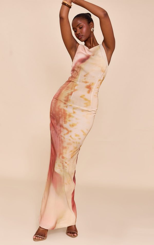 Natural Abstract Printed Chiffon Maxi Dress