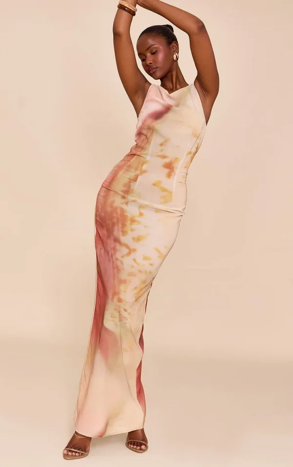 Natural Abstract Printed Chiffon Maxi Dress