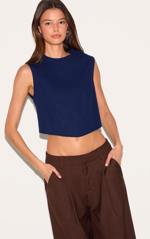 Navy Linen Look Boxy Pointed Hem Top