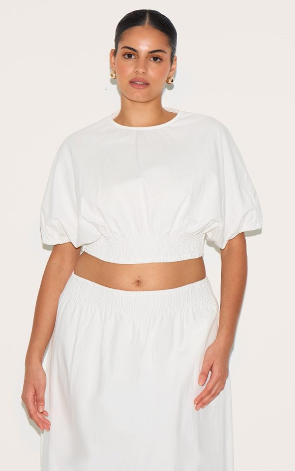 Plus White Shirred Waist Cap Sleeve Crop Top