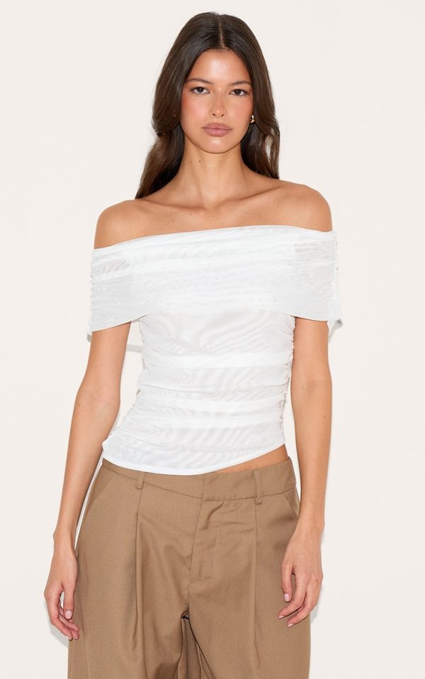 White Mesh Foldover Ruched Bandeau Top