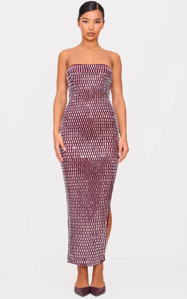 Burgundy Hot Fix Bandeau Maxi Dress