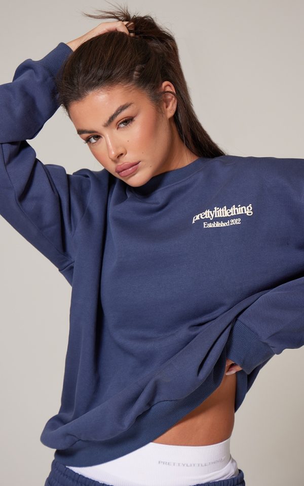PRETTYLITTLETHING Navy Premium Print Oversized Sweatshirt