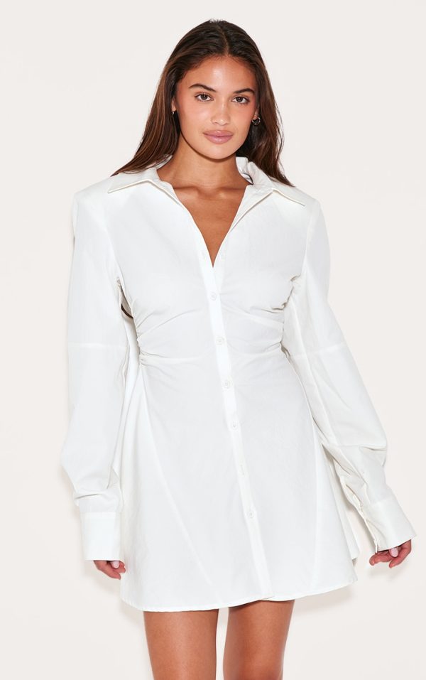 White Structured Ruched Detail Long Sleeve Shirt Dress