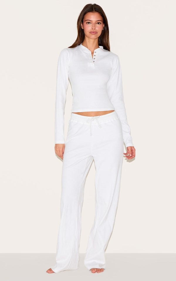 Cream Ribbed Long Sleeve Long Pj Set