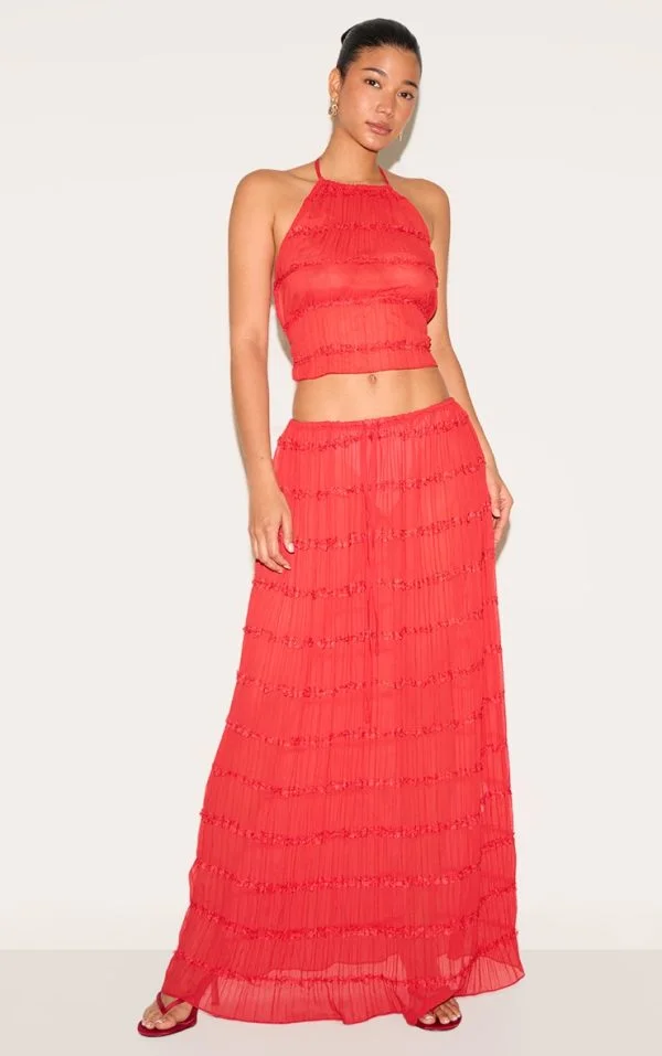Tomato Chiffon Ruched Frill Detail Tiered Maxi Skirt