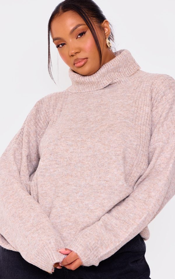 Plus Oatmeal Knitted Slouchy Roll Neck Sweater