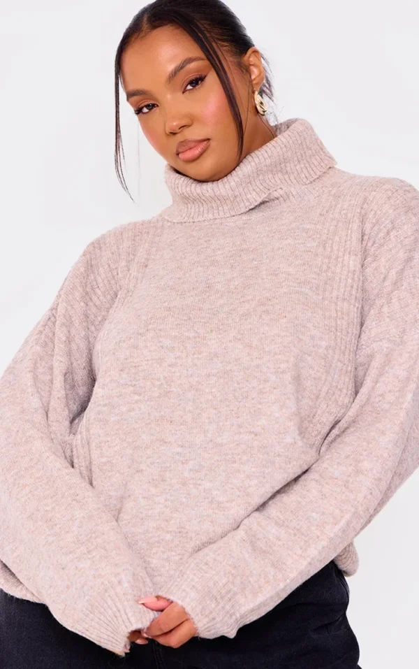 Plus Oatmeal Knitted Slouchy Roll Neck Sweater