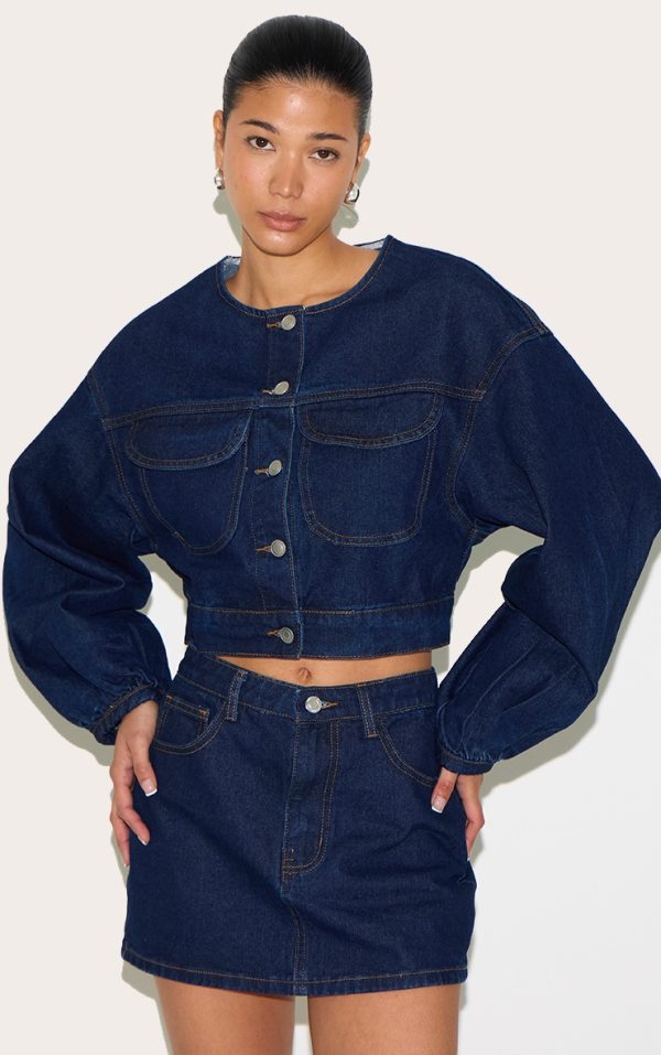 Indigo Round Neck Crop Denim Jacket
