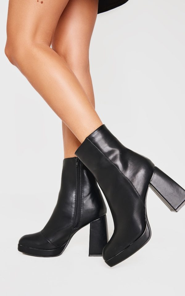 Black PU Square Toe Block Heeled Ankle Boots