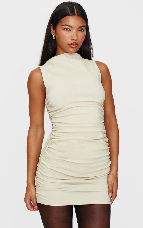 Stone High Neck Ruched Bodycon Dress