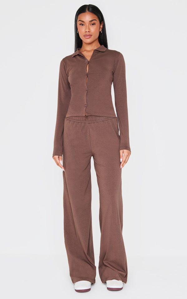 Chocolate Mid Rise Jersey Wide Leg Pants
