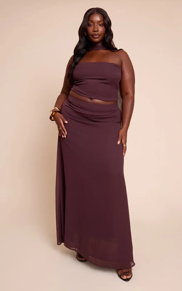 Plus Brown Maxi Chiffon Skirt