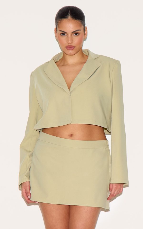 Plus Sage Green Tailored Woven Boxy Cropped Bow Detail Blazer