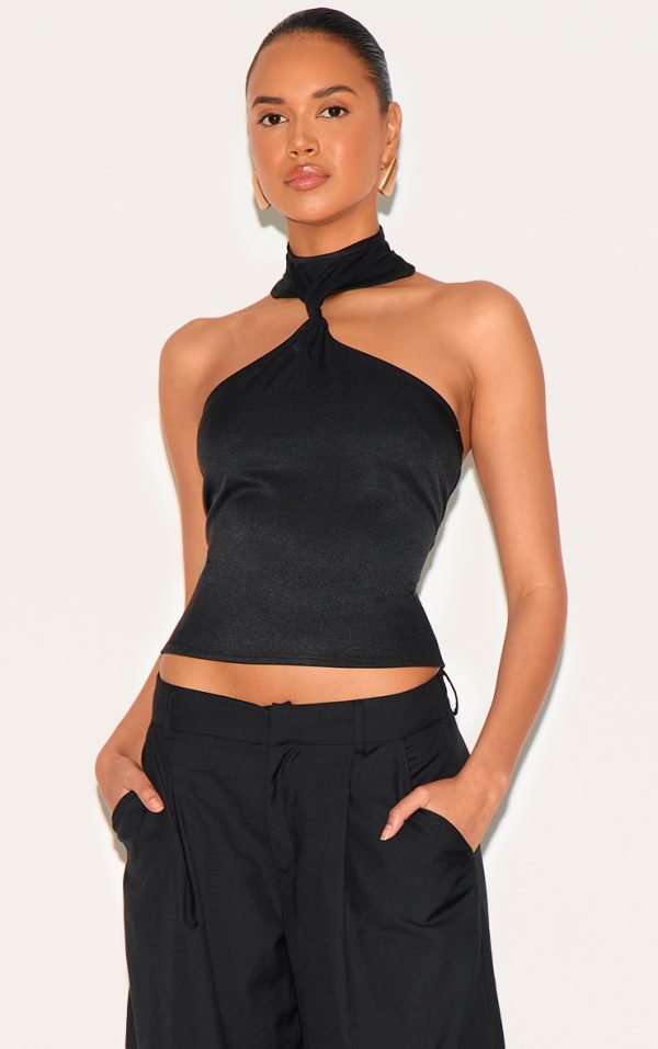 Black Halterneck Detail Long Top