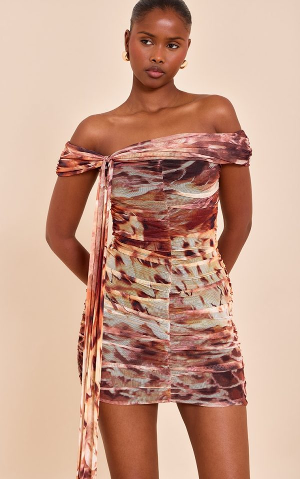Beige Abstract Print Lined Mesh Bardot Mini Dress