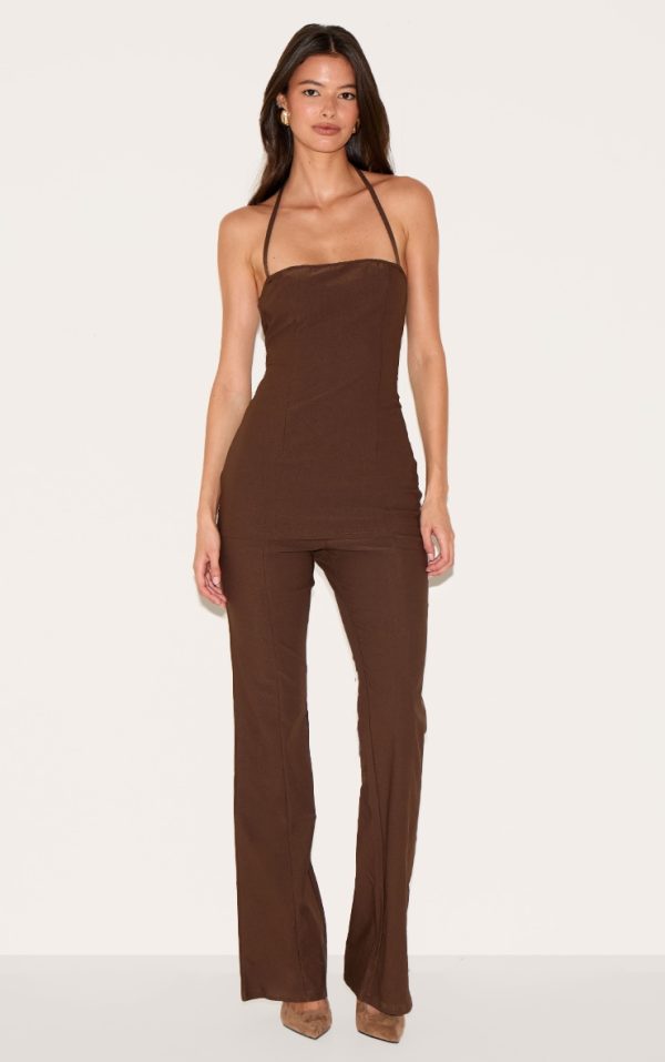 Chocolate Woven Thin Halter Overlay Detail Jumpsuit
