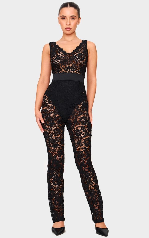 Petite Black Lace Ribbon Detail Straight Leg Jumpsuit