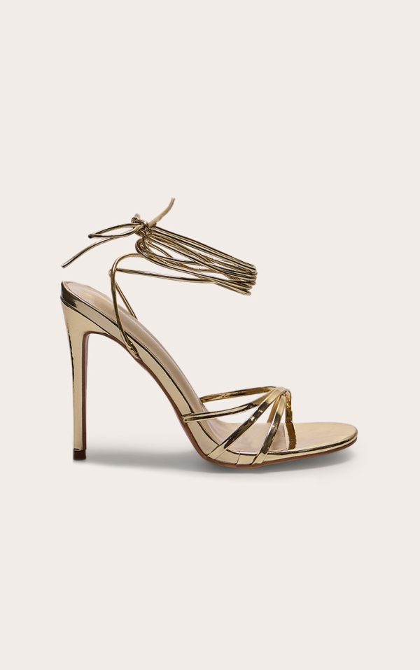 Gold Metallic Round Toe Lace Up High Heeled Sandals